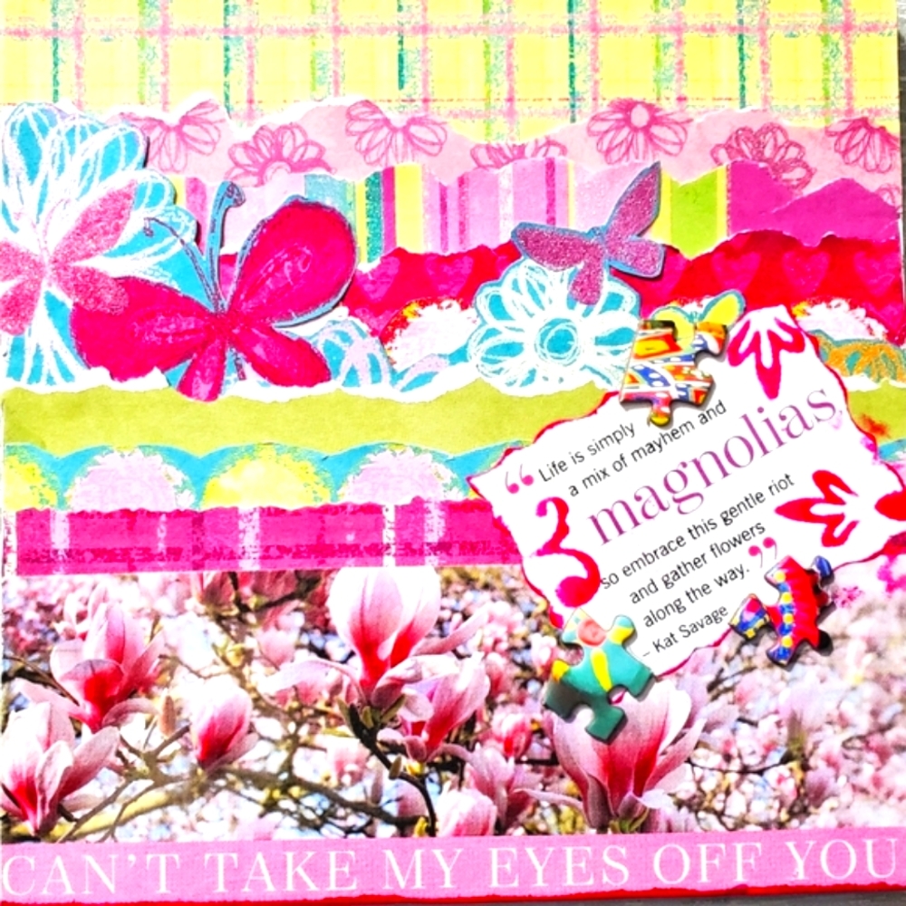 🙏 HAND CRAFTED Collage art mixed media 6x6 pink floral